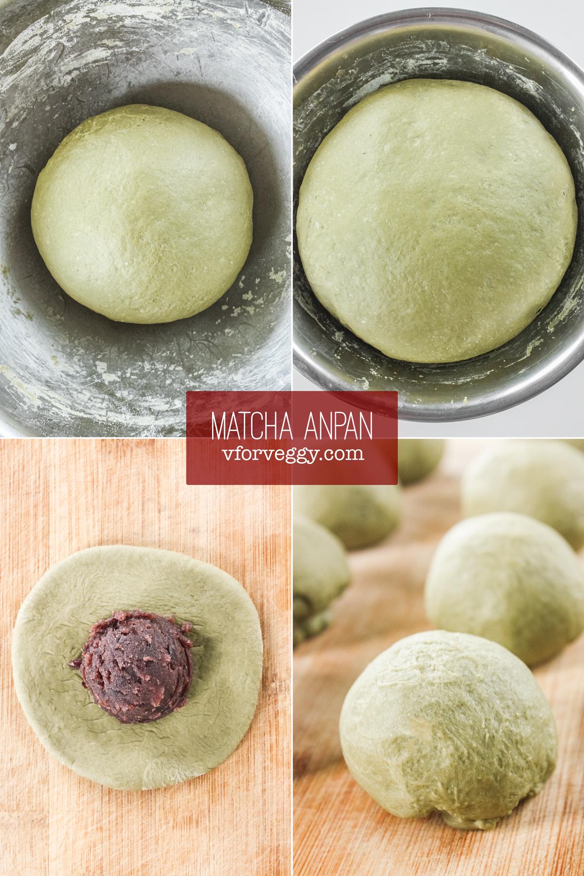 (1) Knead the dough. (2) Proof the dough until the volume doubles. (3) Flatten each portion of the dough and fill with red bean paste. (4) Wrap the filling and roll into a smooth ball.