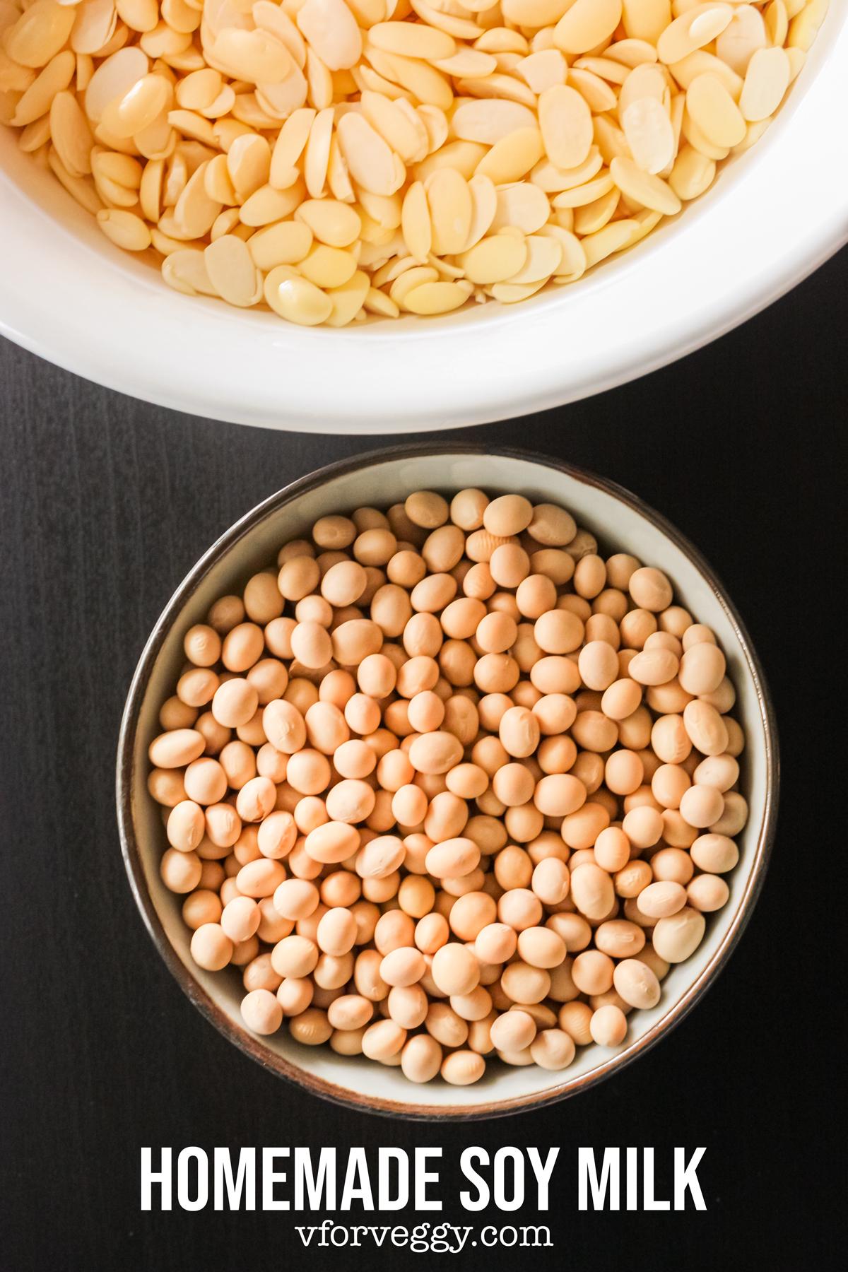 Bottom: dry soy beans; Top: soaked soy beans with husk/skin removed.