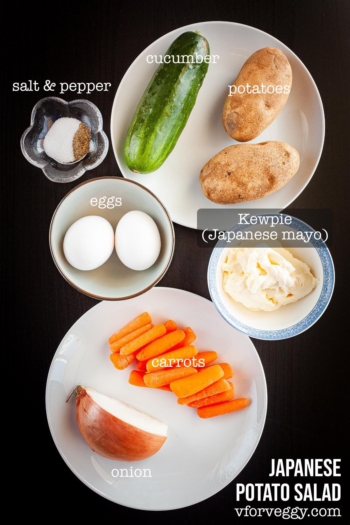 Ingredients for a basic Japanese potato salad: potatoes, hard-boiled eggs, cucumber, carrot, onion, Japanese mayo (e.g. Kewpie), salt, and pepper.