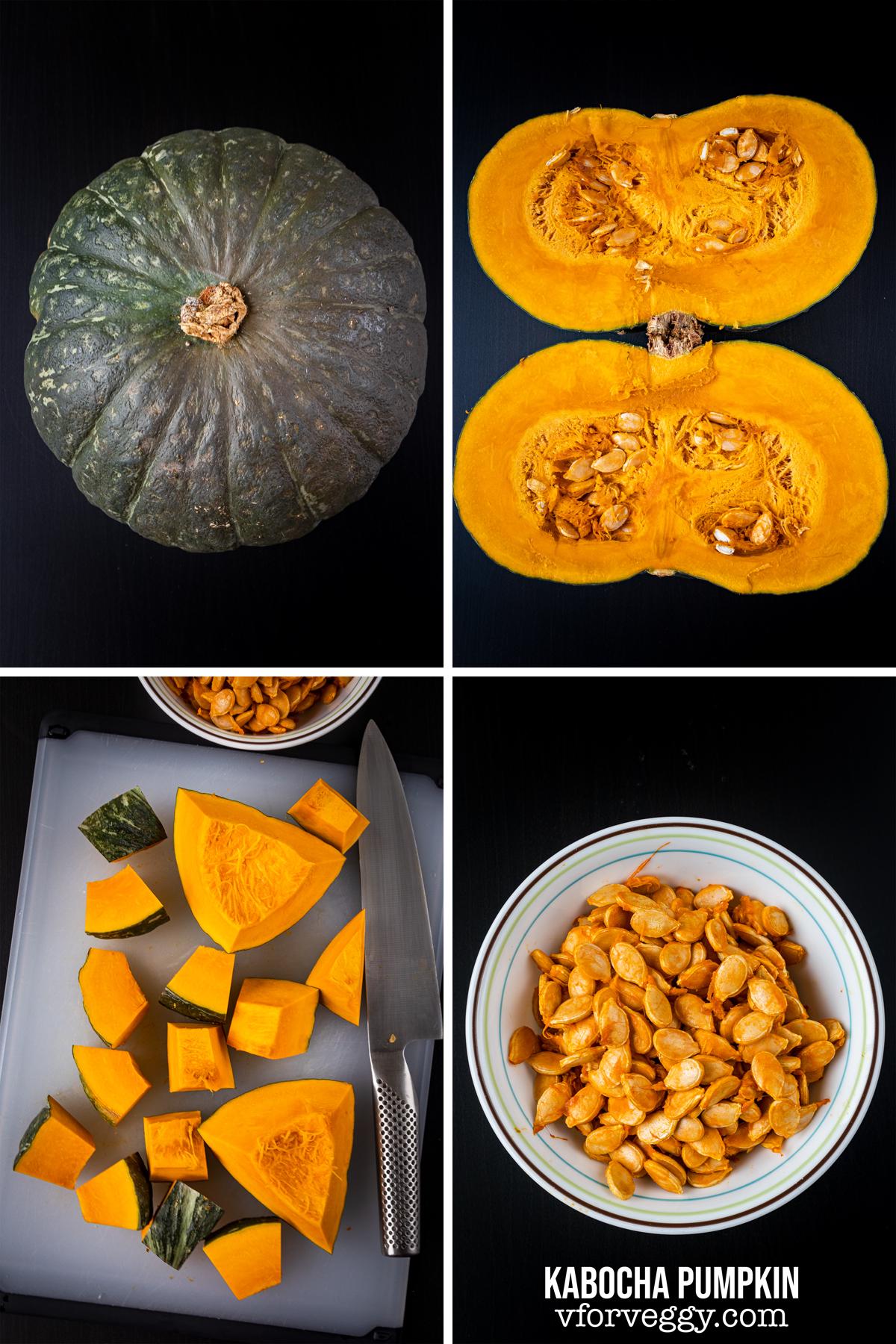 (1) Whole kabocha pumpkin. (2) Kabocha pumpkin cut into two halves. (3) Kabocha pumpkin flesh. (4) Kabocha pumpkin seeds.