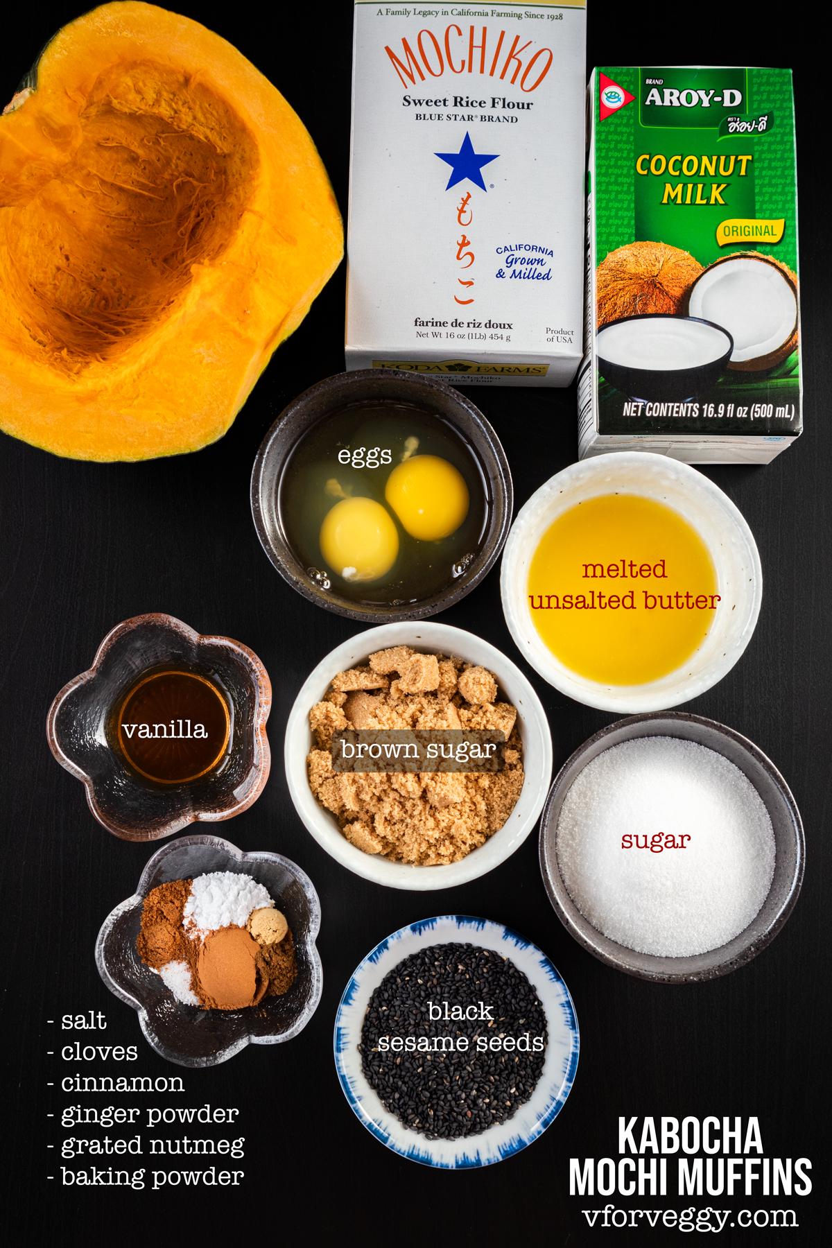 Ingredients for kabocha mochi muffins: kabocha, coconut milk, unsalted butter, eggs, vanilla, mochiko, sugar, brown sugar, baking powder, cinnamon, nutmeg, ginger, cloves, and salt.