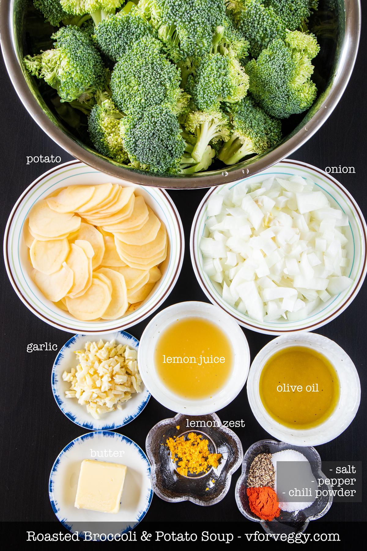 Ingredients for roasted broccoli and potato soup: broccoli, potato, onion, garlic, butter, lemon zest, lemon juice, olive oil, chili powder, salt, and pepper.
