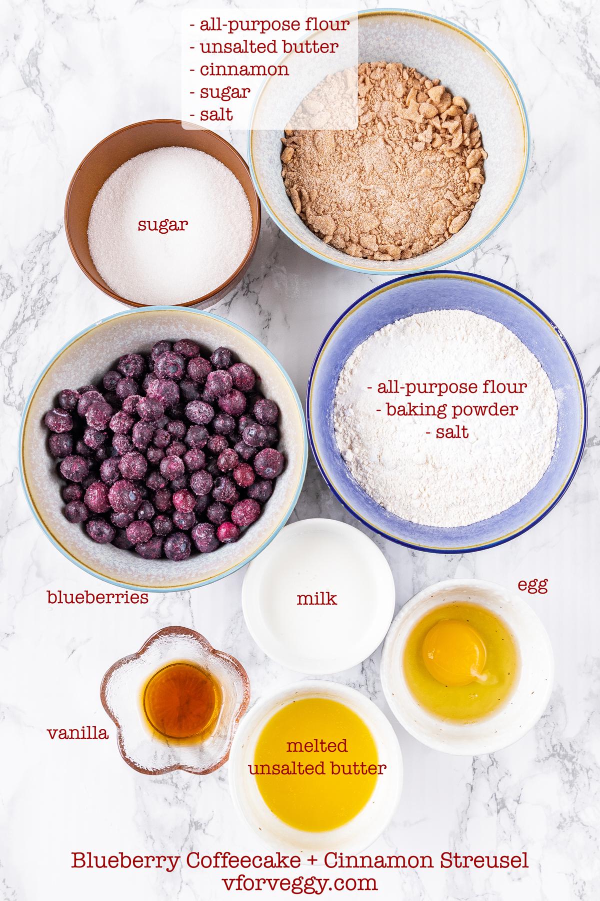Ingredients for blueberry coffeecake with cinnamon streusel: blueberries, all-purpose flour, baking powder, unsalted butter, milk, vanilla, cinnamon, sugar, ad salt.