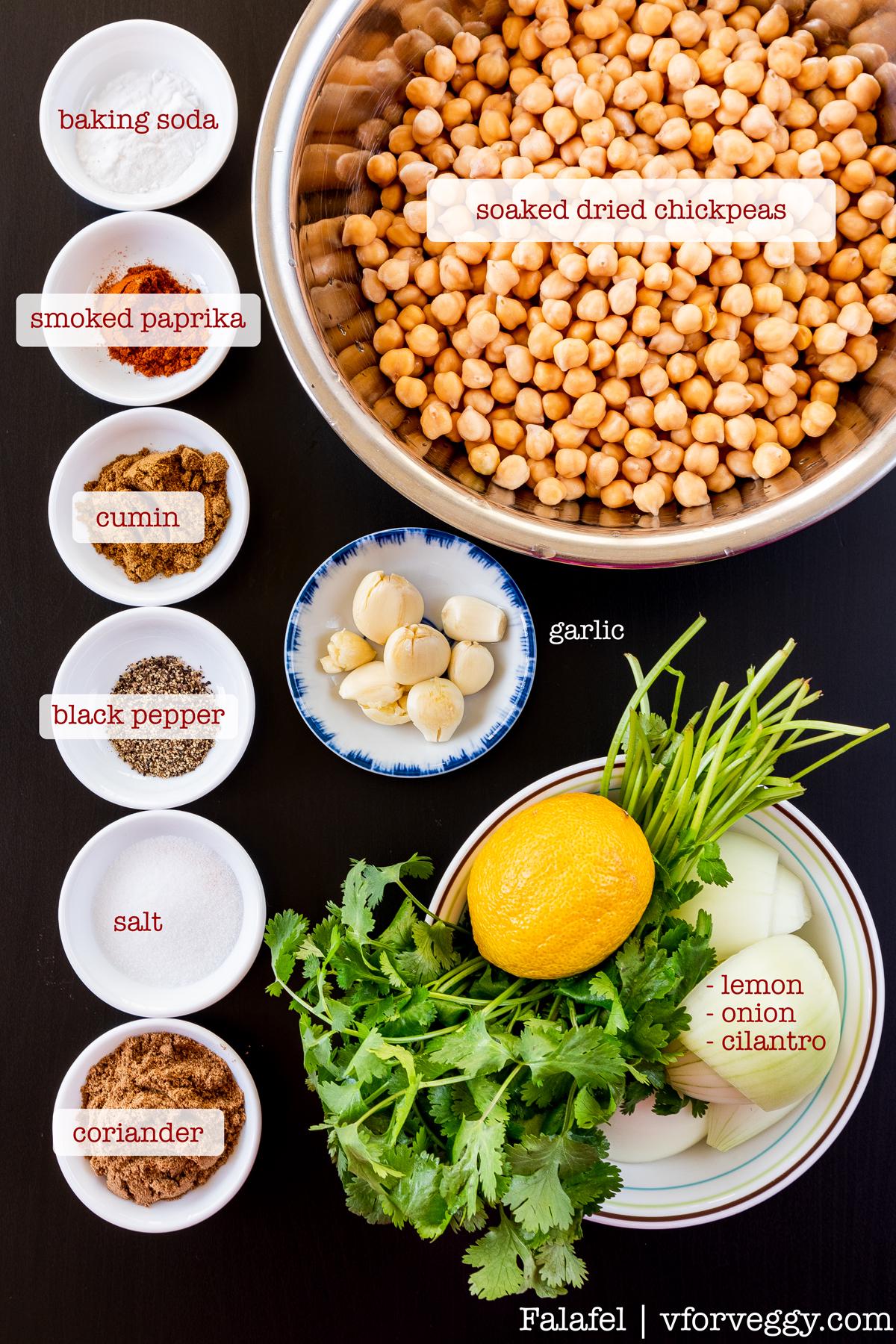 Ingredients for falafel: chickpeas, garlic, onion, coriander, cumin, cayenne, cilantro, salt, pepper, baking soda, and lemon.
